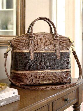 Brahmin Croc Embossed Leather Satchel Dark Brown Light Brown